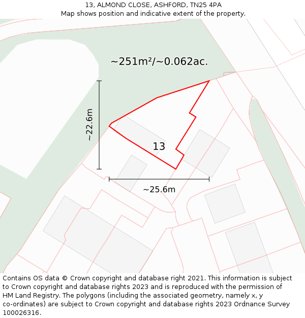 13, ALMOND CLOSE, ASHFORD, TN25 4PA: Plot and title map