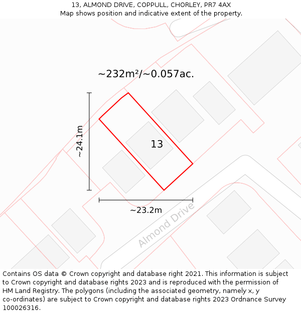 13, ALMOND DRIVE, COPPULL, CHORLEY, PR7 4AX: Plot and title map