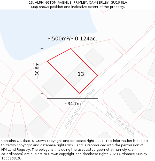 13, ALPHINGTON AVENUE, FRIMLEY, CAMBERLEY, GU16 8LA: Plot and title map