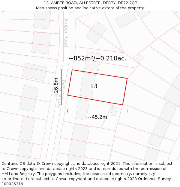 13, AMBER ROAD, ALLESTREE, DERBY, DE22 2QB: Plot and title map