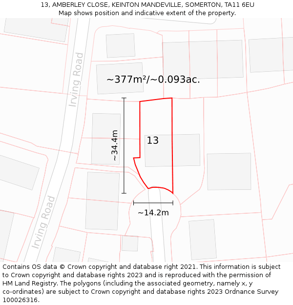 13, AMBERLEY CLOSE, KEINTON MANDEVILLE, SOMERTON, TA11 6EU: Plot and title map