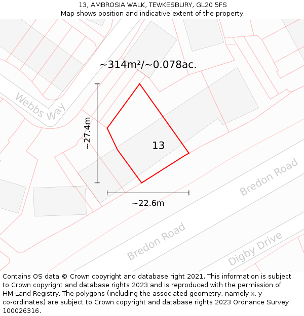 13, AMBROSIA WALK, TEWKESBURY, GL20 5FS: Plot and title map