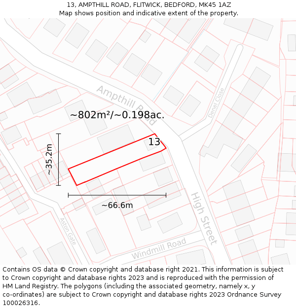13, AMPTHILL ROAD, FLITWICK, BEDFORD, MK45 1AZ: Plot and title map