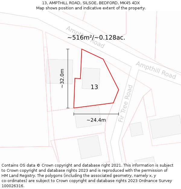 13, AMPTHILL ROAD, SILSOE, BEDFORD, MK45 4DX: Plot and title map