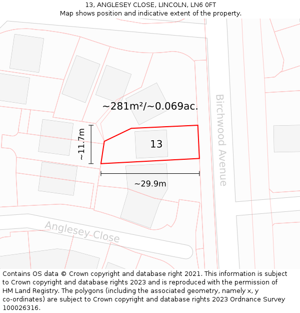 13, ANGLESEY CLOSE, LINCOLN, LN6 0FT: Plot and title map