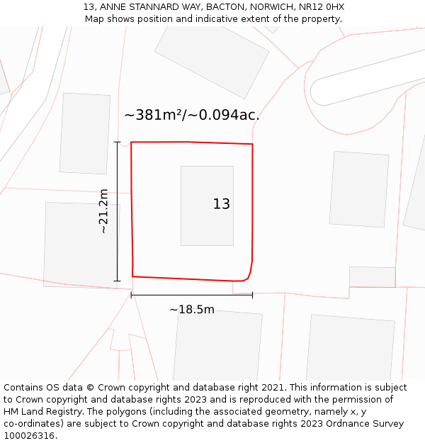 13, ANNE STANNARD WAY, BACTON, NORWICH, NR12 0HX: Plot and title map