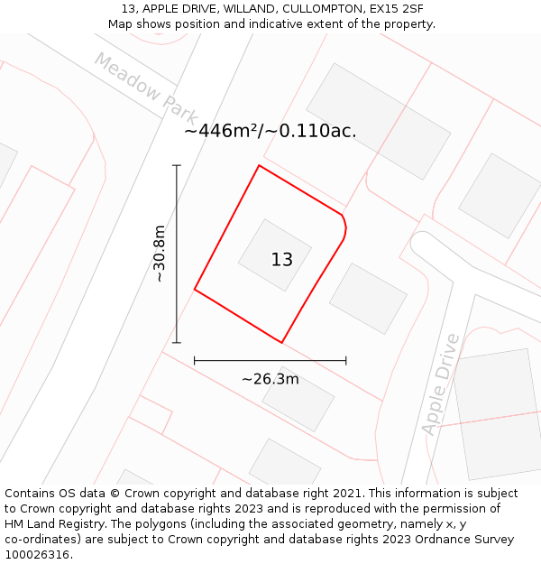 13, APPLE DRIVE, WILLAND, CULLOMPTON, EX15 2SF: Plot and title map