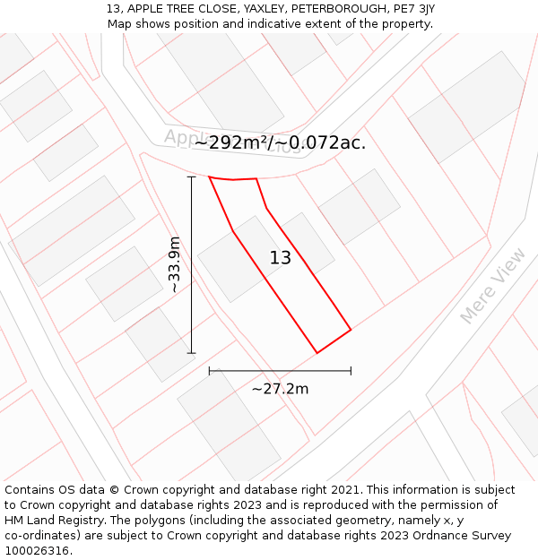 13, APPLE TREE CLOSE, YAXLEY, PETERBOROUGH, PE7 3JY: Plot and title map