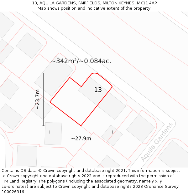 13, AQUILA GARDENS, FAIRFIELDS, MILTON KEYNES, MK11 4AP: Plot and title map