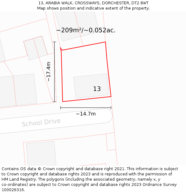 13, ARABIA WALK, CROSSWAYS, DORCHESTER, DT2 8WT: Plot and title map
