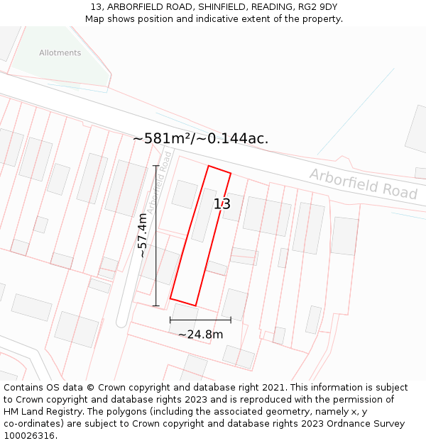 13, ARBORFIELD ROAD, SHINFIELD, READING, RG2 9DY: Plot and title map