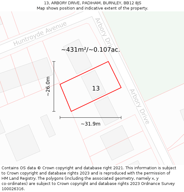 13, ARBORY DRIVE, PADIHAM, BURNLEY, BB12 8JS: Plot and title map