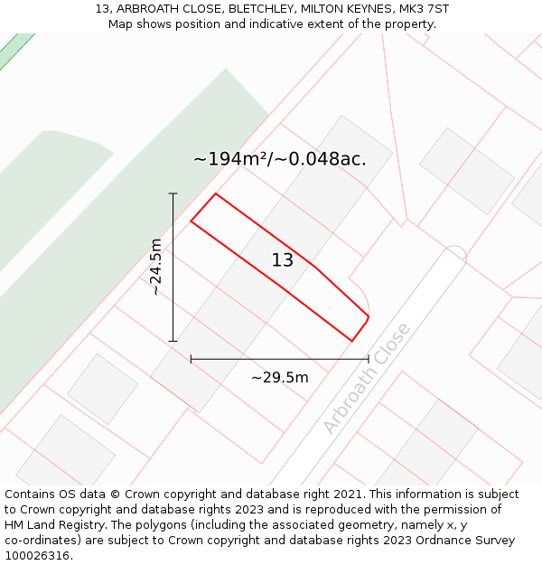 13, ARBROATH CLOSE, BLETCHLEY, MILTON KEYNES, MK3 7ST: Plot and title map