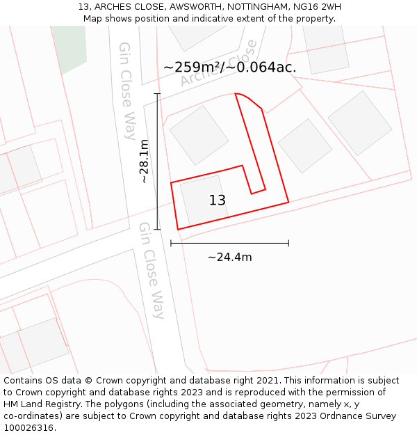 13, ARCHES CLOSE, AWSWORTH, NOTTINGHAM, NG16 2WH: Plot and title map