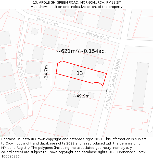 13, ARDLEIGH GREEN ROAD, HORNCHURCH, RM11 2JY: Plot and title map
