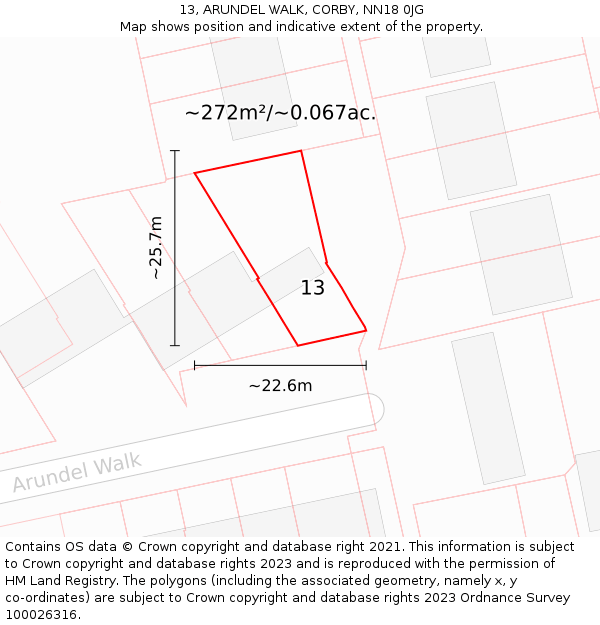 13, ARUNDEL WALK, CORBY, NN18 0JG: Plot and title map