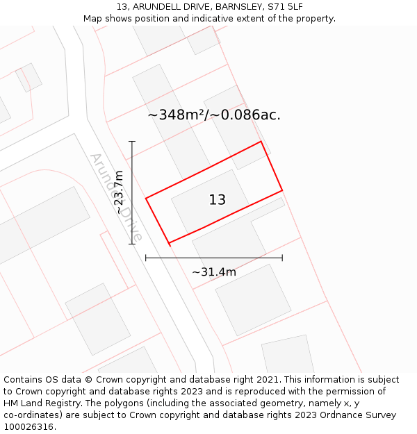 13, ARUNDELL DRIVE, BARNSLEY, S71 5LF: Plot and title map