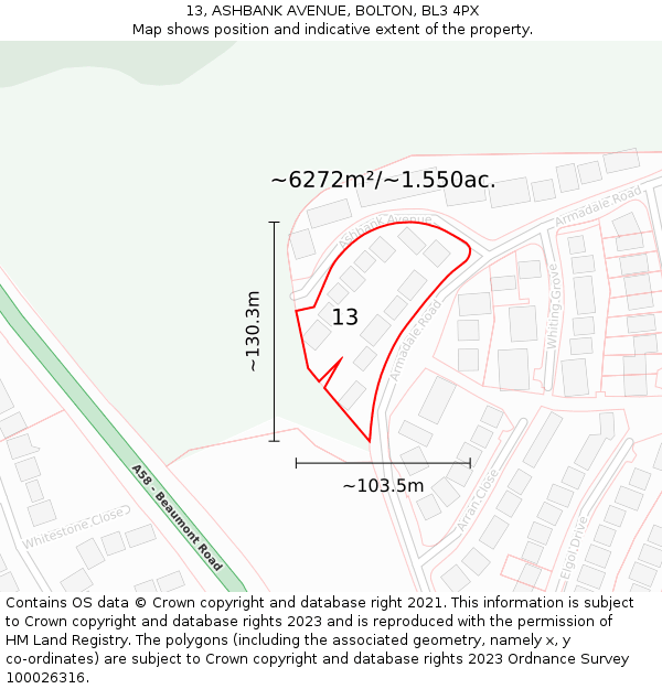 13, ASHBANK AVENUE, BOLTON, BL3 4PX: Plot and title map