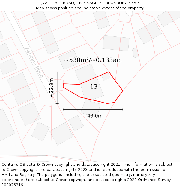 13, ASHDALE ROAD, CRESSAGE, SHREWSBURY, SY5 6DT: Plot and title map