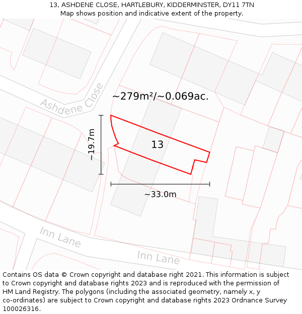13, ASHDENE CLOSE, HARTLEBURY, KIDDERMINSTER, DY11 7TN: Plot and title map