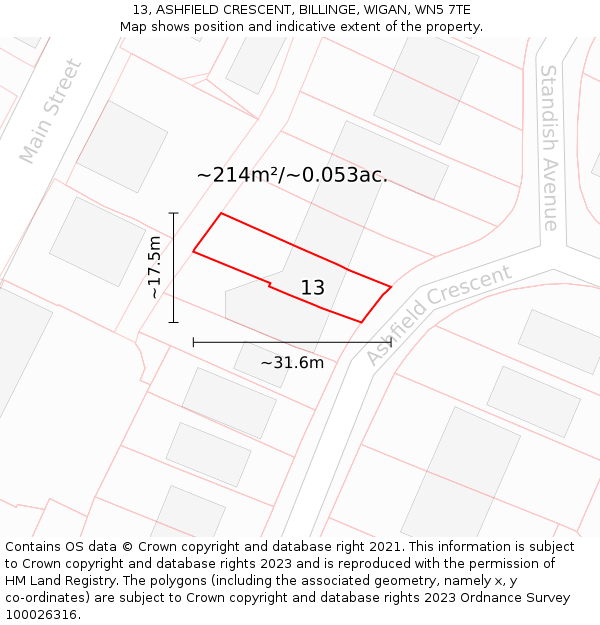 13, ASHFIELD CRESCENT, BILLINGE, WIGAN, WN5 7TE: Plot and title map