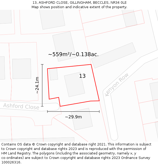 13, ASHFORD CLOSE, GILLINGHAM, BECCLES, NR34 0LE: Plot and title map
