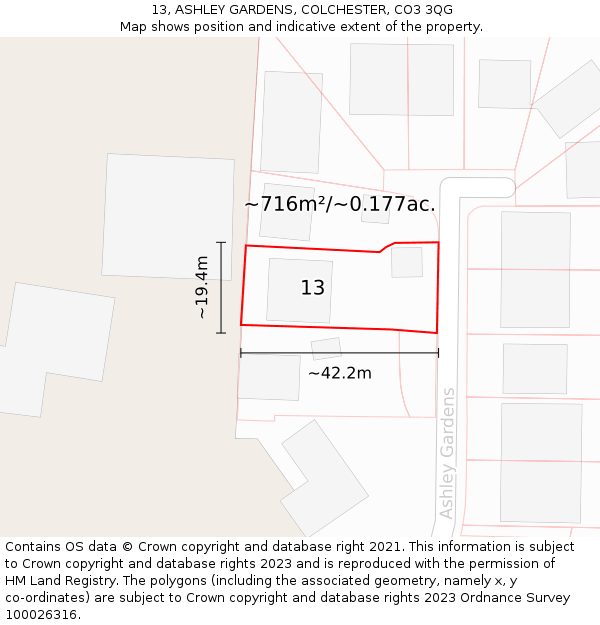 13, ASHLEY GARDENS, COLCHESTER, CO3 3QG: Plot and title map