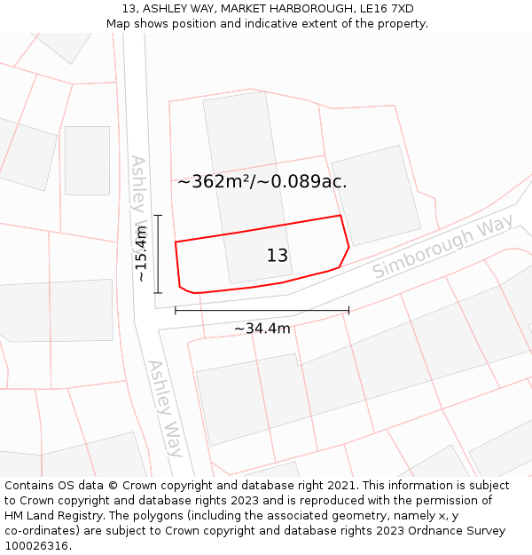 13, ASHLEY WAY, MARKET HARBOROUGH, LE16 7XD: Plot and title map