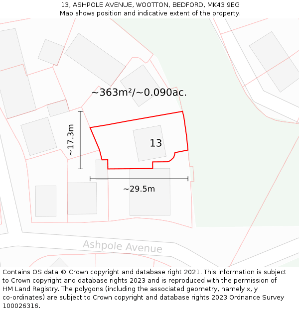 13, ASHPOLE AVENUE, WOOTTON, BEDFORD, MK43 9EG: Plot and title map