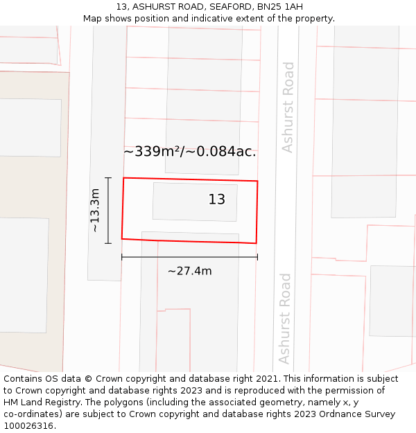 13, ASHURST ROAD, SEAFORD, BN25 1AH: Plot and title map