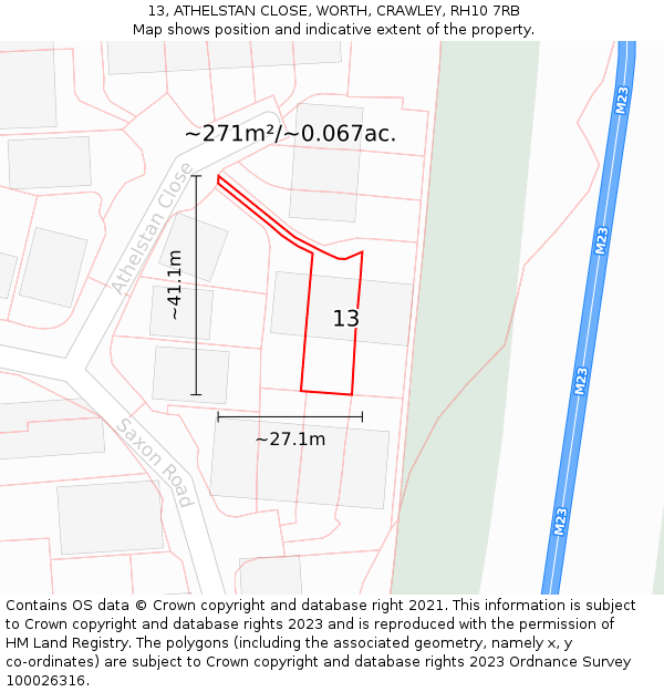 13, ATHELSTAN CLOSE, WORTH, CRAWLEY, RH10 7RB: Plot and title map