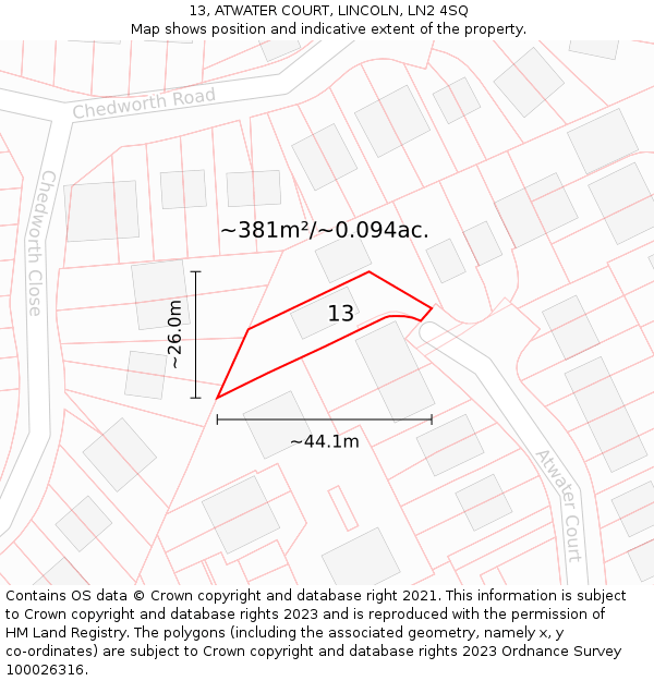 13, ATWATER COURT, LINCOLN, LN2 4SQ: Plot and title map