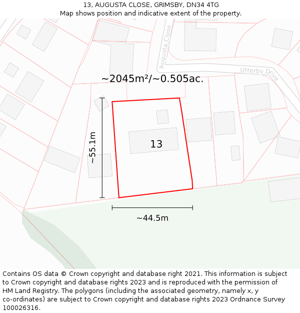 13, AUGUSTA CLOSE, GRIMSBY, DN34 4TG: Plot and title map