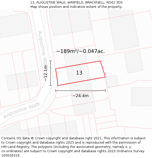 13, AUGUSTINE WALK, WARFIELD, BRACKNELL, RG42 3DX: Plot and title map