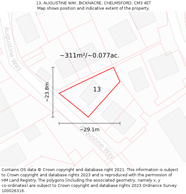 13, AUGUSTINE WAY, BICKNACRE, CHELMSFORD, CM3 4ET: Plot and title map