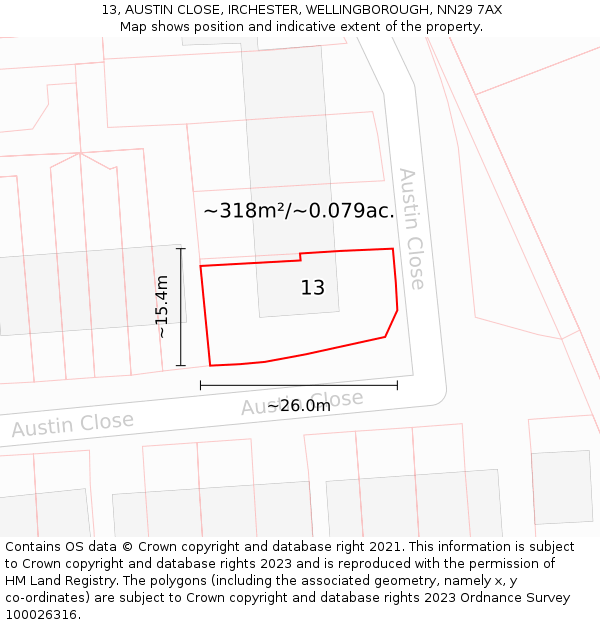 13, AUSTIN CLOSE, IRCHESTER, WELLINGBOROUGH, NN29 7AX: Plot and title map