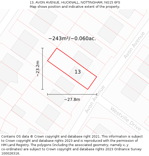 13, AVON AVENUE, HUCKNALL, NOTTINGHAM, NG15 6FS: Plot and title map