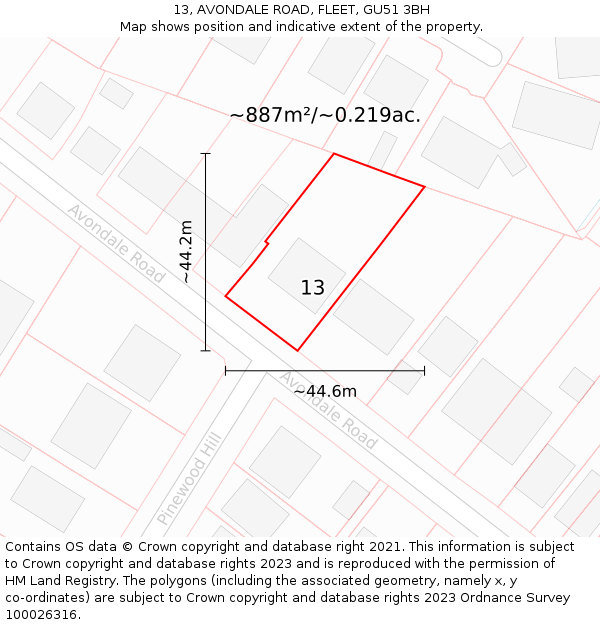 13, AVONDALE ROAD, FLEET, GU51 3BH: Plot and title map