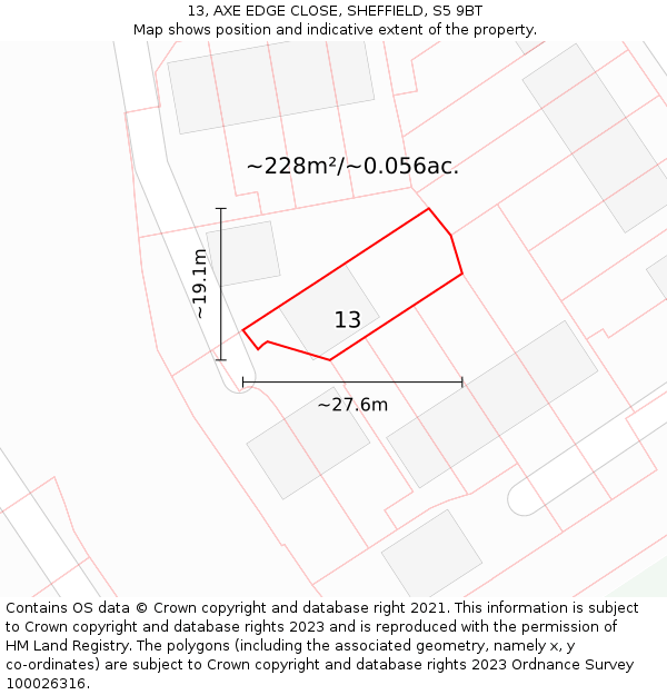13, AXE EDGE CLOSE, SHEFFIELD, S5 9BT: Plot and title map