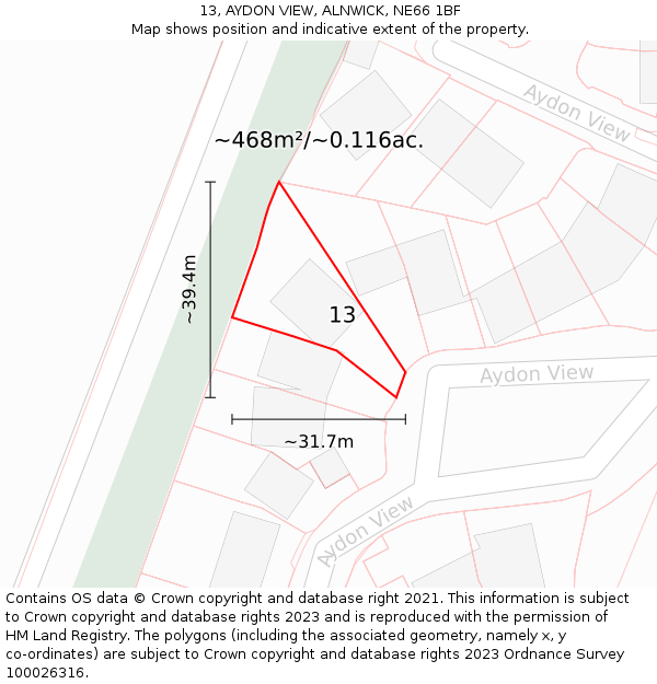 13, AYDON VIEW, ALNWICK, NE66 1BF: Plot and title map