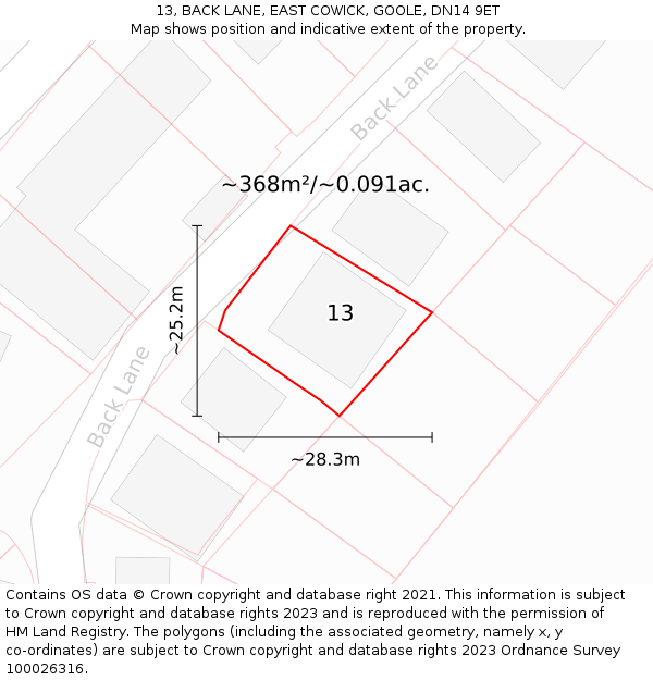 13, BACK LANE, EAST COWICK, GOOLE, DN14 9ET: Plot and title map