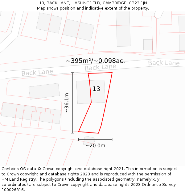 13, BACK LANE, HASLINGFIELD, CAMBRIDGE, CB23 1JN: Plot and title map