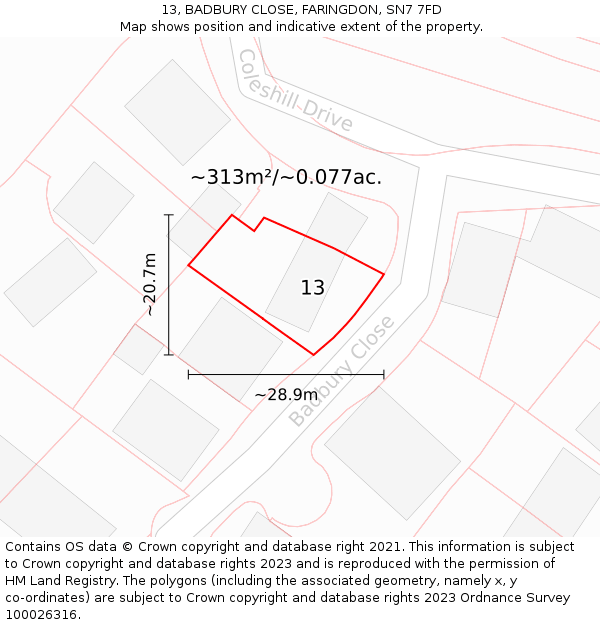 13, BADBURY CLOSE, FARINGDON, SN7 7FD: Plot and title map