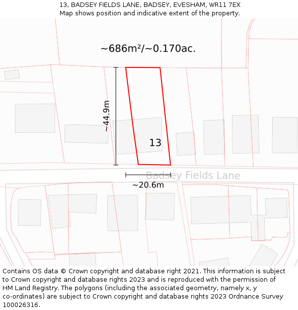 13, BADSEY FIELDS LANE, BADSEY, EVESHAM, WR11 7EX: Plot and title map