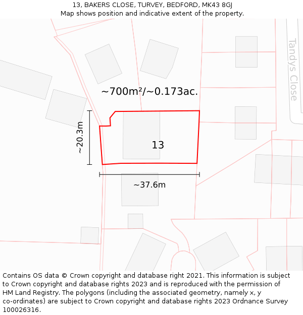 13, BAKERS CLOSE, TURVEY, BEDFORD, MK43 8GJ: Plot and title map