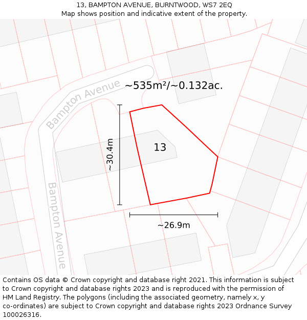 13, BAMPTON AVENUE, BURNTWOOD, WS7 2EQ: Plot and title map