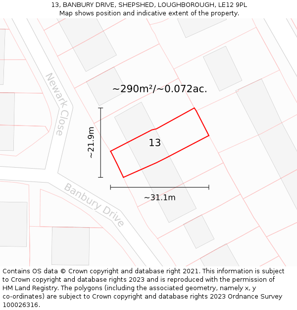 13, BANBURY DRIVE, SHEPSHED, LOUGHBOROUGH, LE12 9PL: Plot and title map