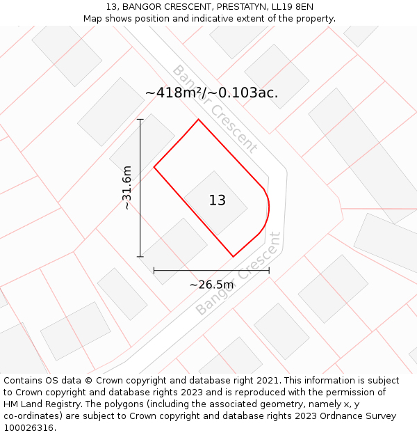 13, BANGOR CRESCENT, PRESTATYN, LL19 8EN: Plot and title map