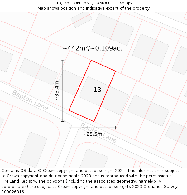 13, BAPTON LANE, EXMOUTH, EX8 3JS: Plot and title map