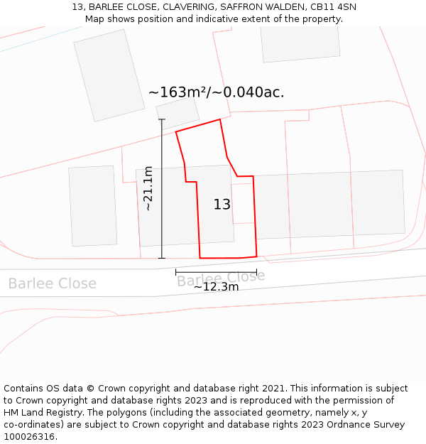 13, BARLEE CLOSE, CLAVERING, SAFFRON WALDEN, CB11 4SN: Plot and title map